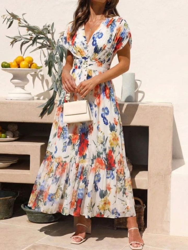 Pleated V-Neck Floral Midi Dress in Multicolour — VerolynBoutique