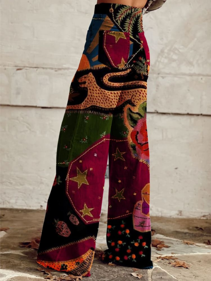 Patchwork Print Wide Leg Trousers in Red — VerolynBoutique