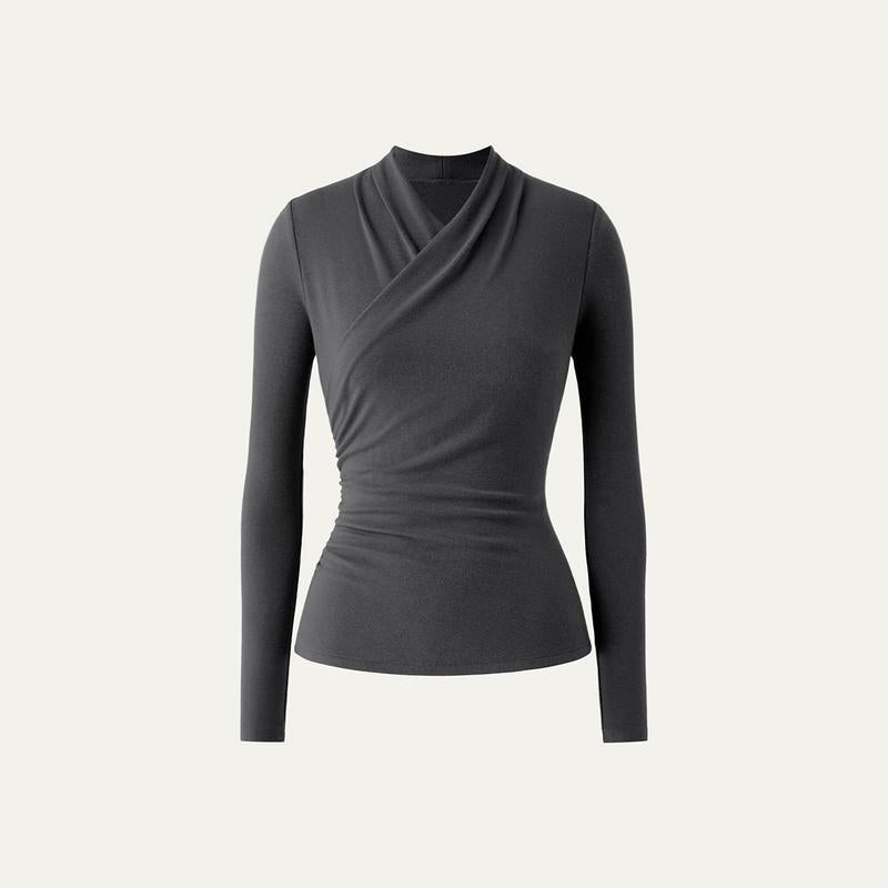 Ruched Surplice Long Sleeve Top in Grey Blue — VerolynBoutique