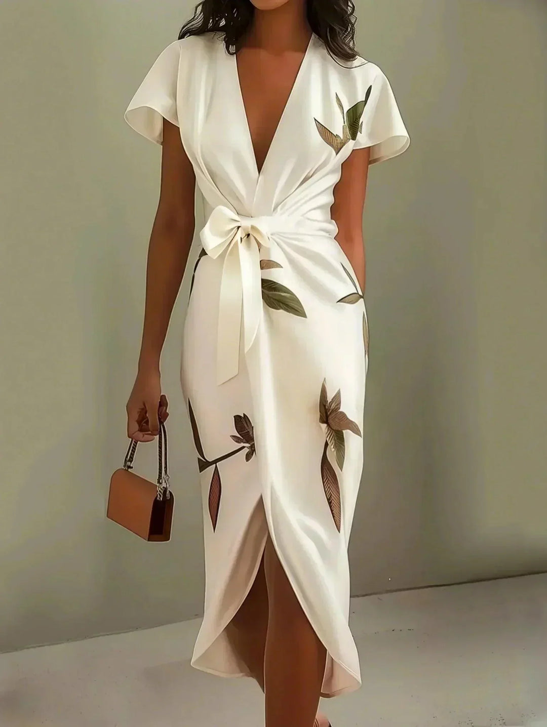 Leaf Print Tie Wrap Dress in White — VerolynBoutique