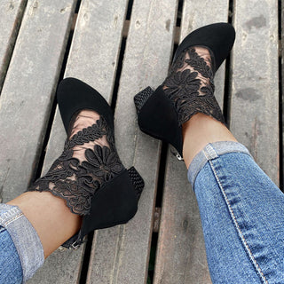 Lace Panel Heeled Ankle Boots in Black — VerolynBoutique
