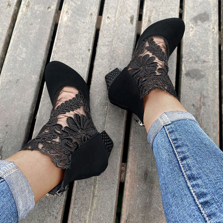 Lace Panel Heeled Ankle Boots in Black — VerolynBoutique