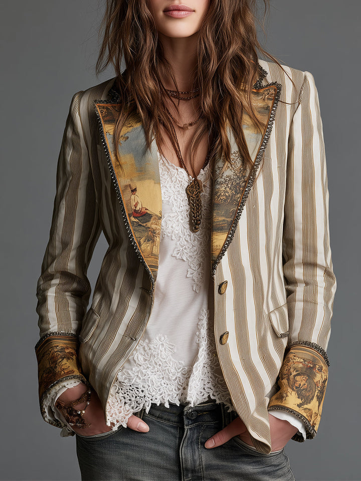 Boho Stripe Lapel Blazer in Khaki — VerolynBoutique