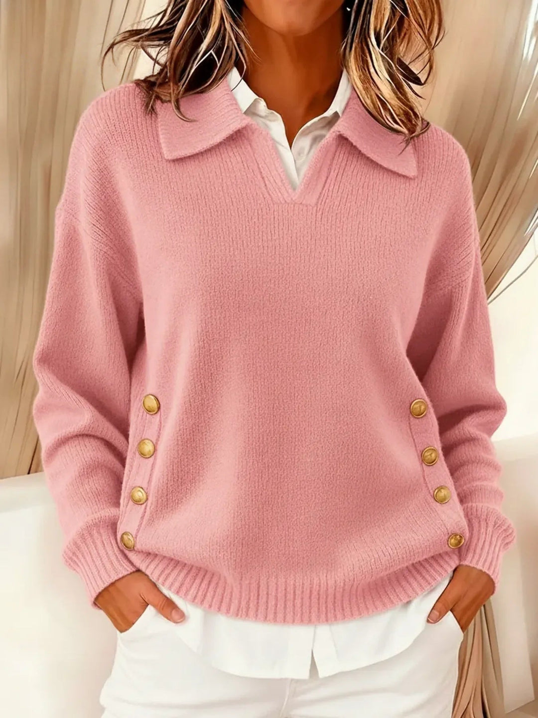 Verolyn polo collar gold button jumper in pink