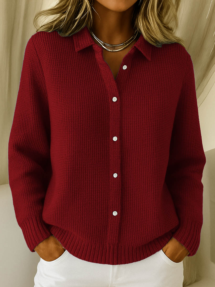 Collared Button Knit Cardigan in Red — VerolynBoutique