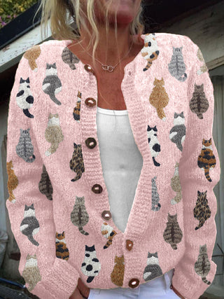 Verolyn cosy cat print knit cardigan in pink
