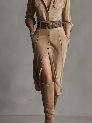 Button-Front Suede Midi Dress in Brown — VerolynBoutique
