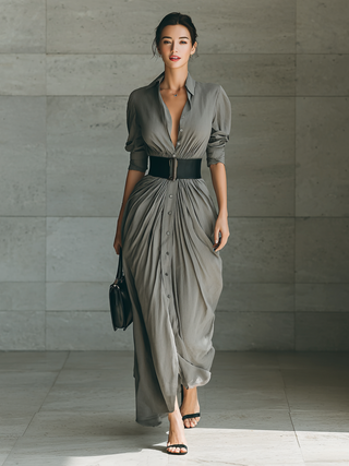 Pleated Maxi Shirt Dress in Grey — VerolynBoutique