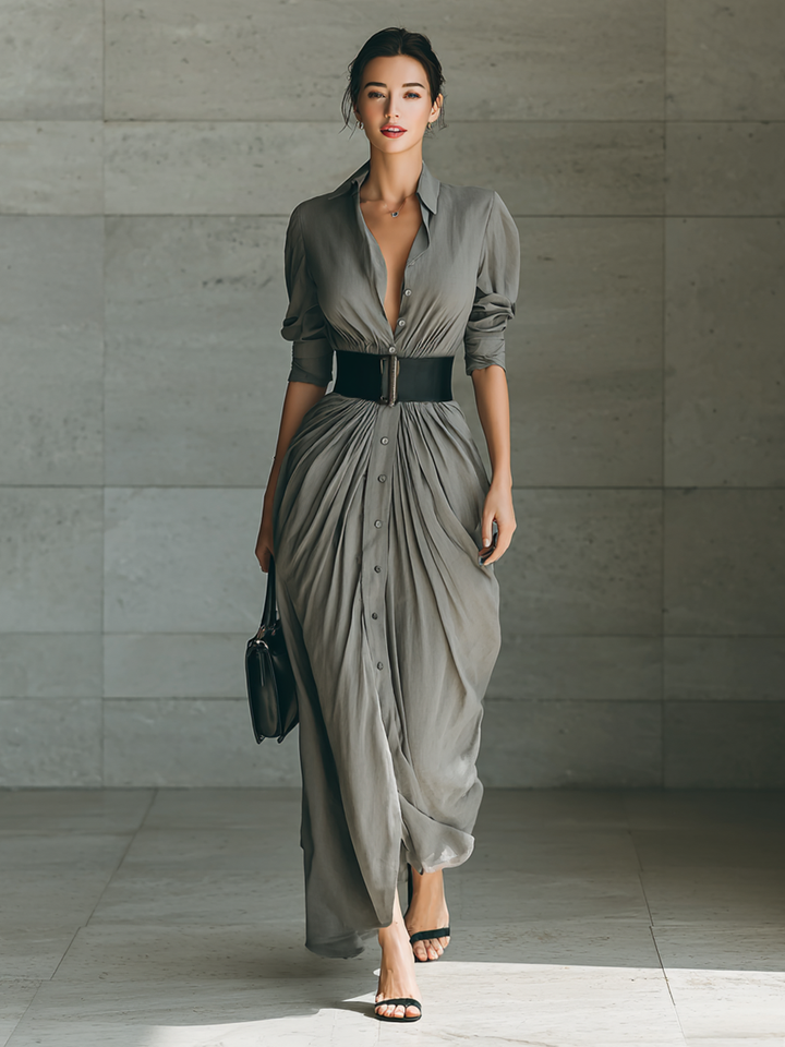 Pleated Maxi Shirt Dress in Grey — VerolynBoutique