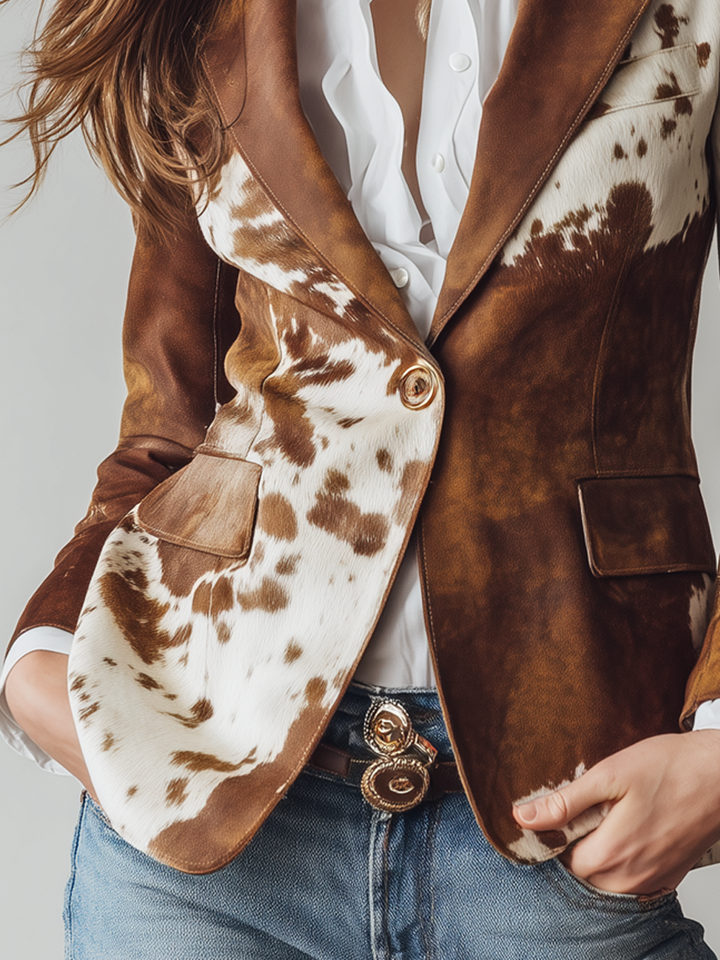 Cow Print Leather-Look Blazer in Brown — VerolynBoutique