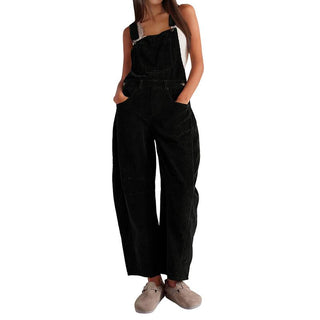 Corduroy Barrel Leg Dungarees in Black — VerolynBoutique