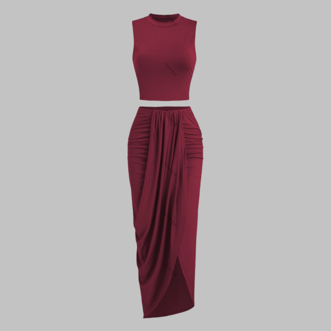 Draped Slit Maxi Skirt Set in Burgundy — VerolynBoutique