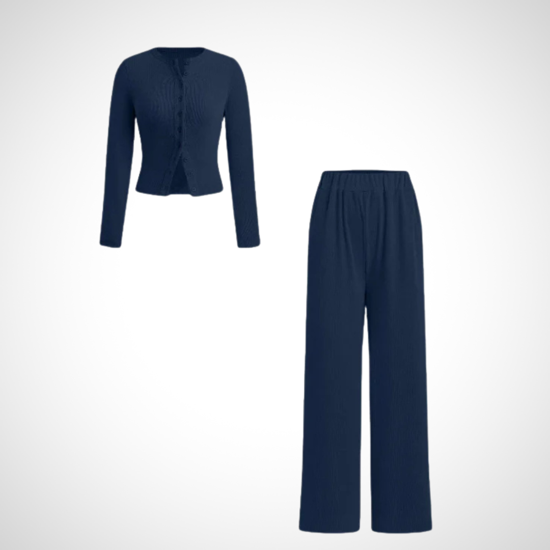 Button Front Top Trouser Set in Navy — VerolynBoutique