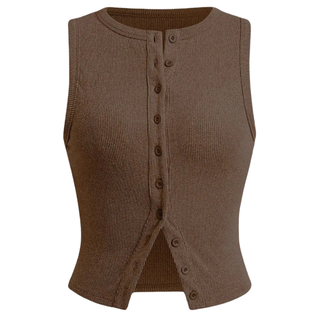 Ribbed Button Crop Tank Top in Brown — VerolynBoutique
