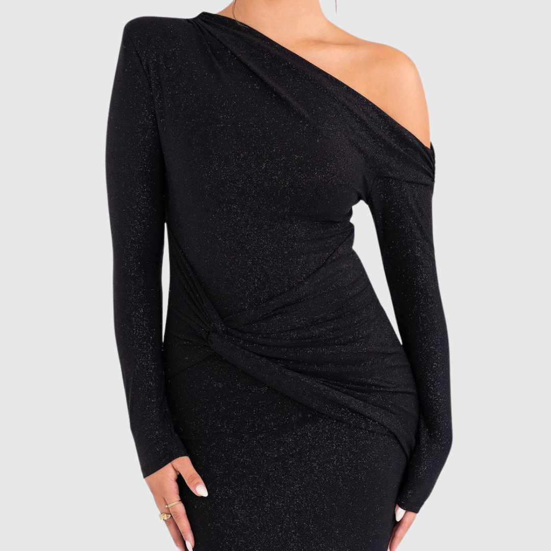 One-Shoulder Glitter Maxi Dress in Black — VerolynBoutique
