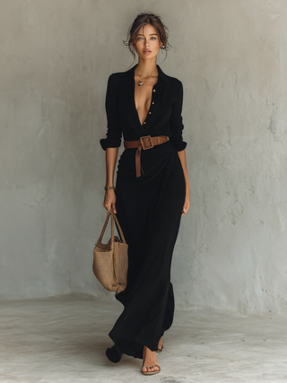 Collared Maxi Shirt Dress in Black — VerolynBoutique