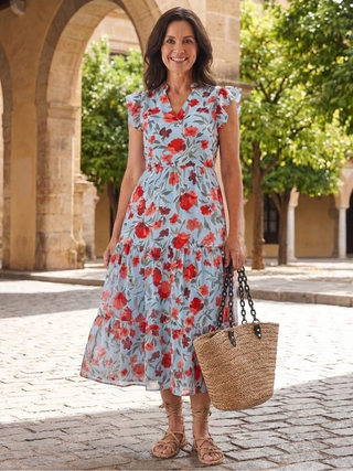 Floral V-Neck Tiered Midi Dress in Green — VerolynBoutique