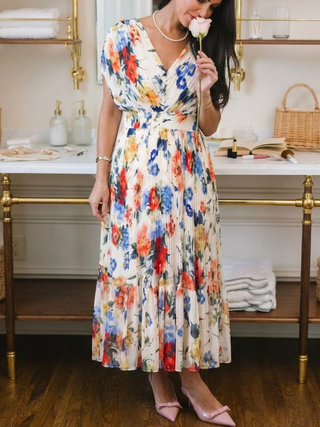 Pleated V-Neck Floral Midi Dress in Multicolour — VerolynBoutique