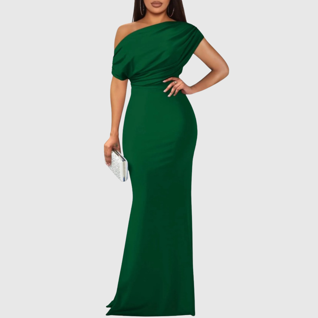 Draped One-Shoulder Formal Gown in Green — VerolynBoutique