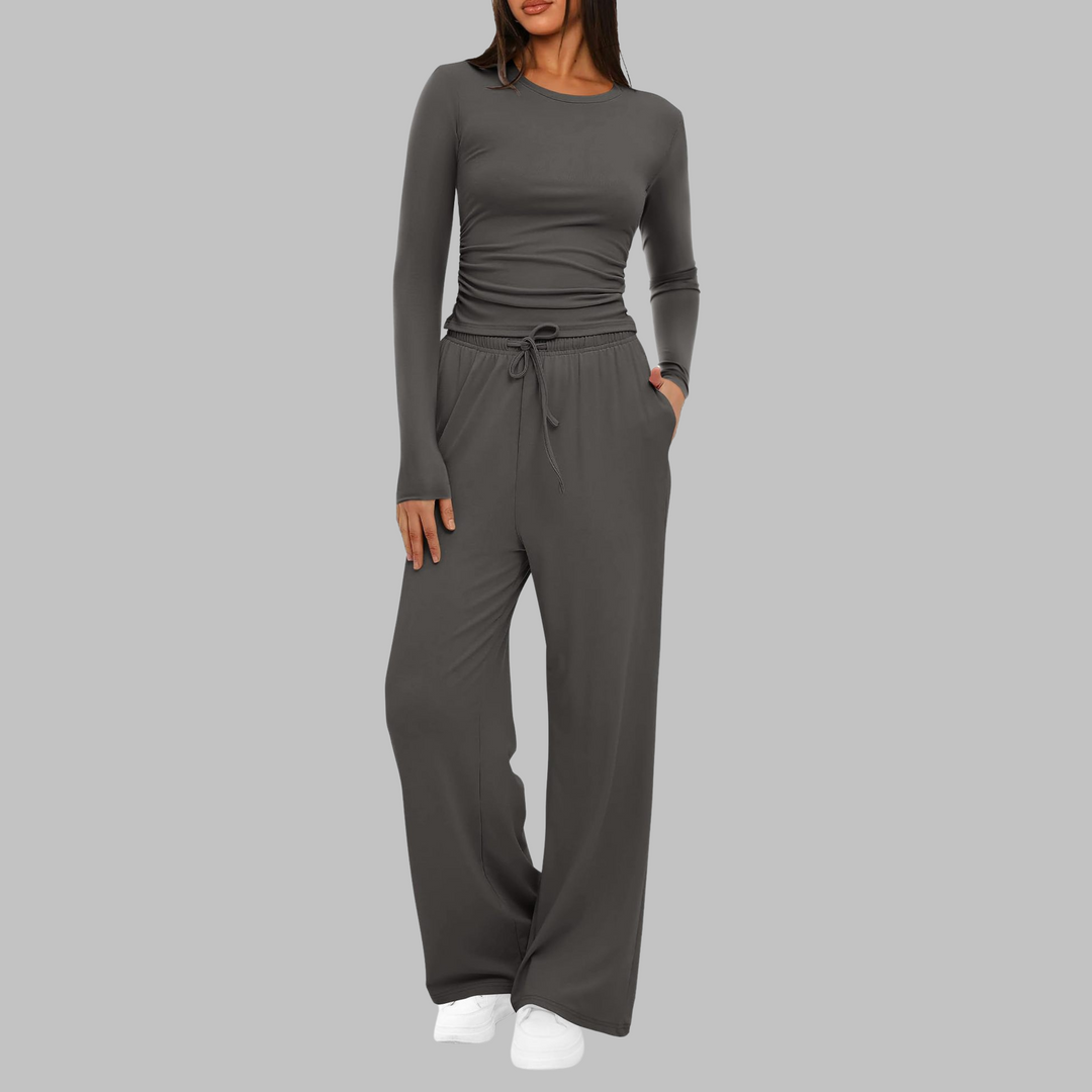 Long Sleeve Wide-Leg Trouser Set in Charcoal — VerolynBoutique