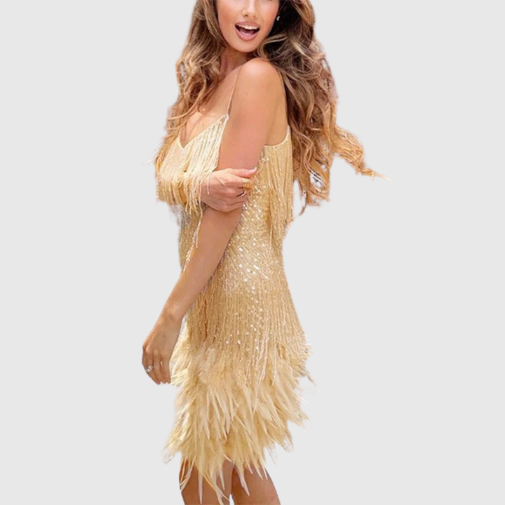 Feather Fringe Cocktail Dress in Gold — VerolynBoutique