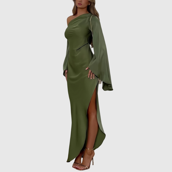 One-Shoulder Satin Evening Dress in Olive — VerolynBoutique