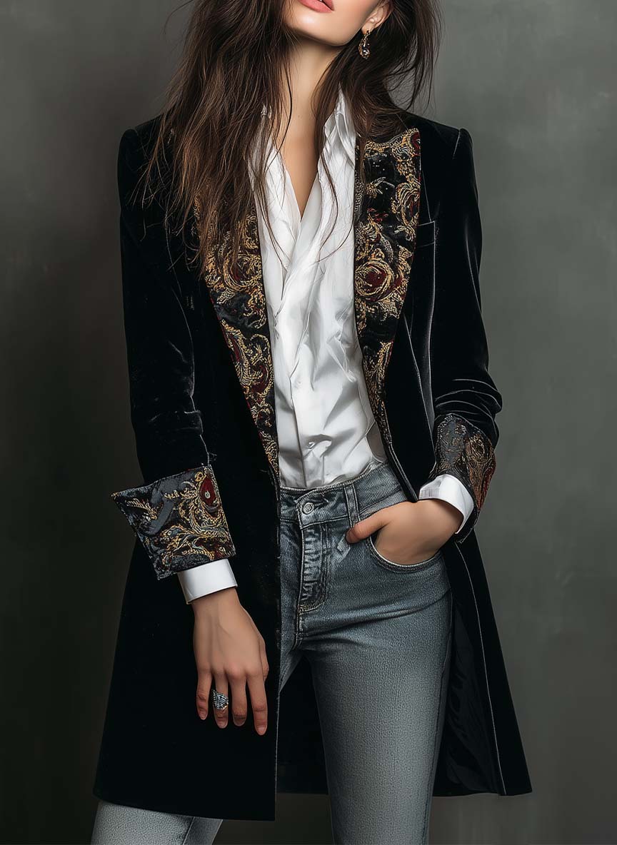 Slim Fit Baroque Lapel Blazer in Black — VerolynBoutique