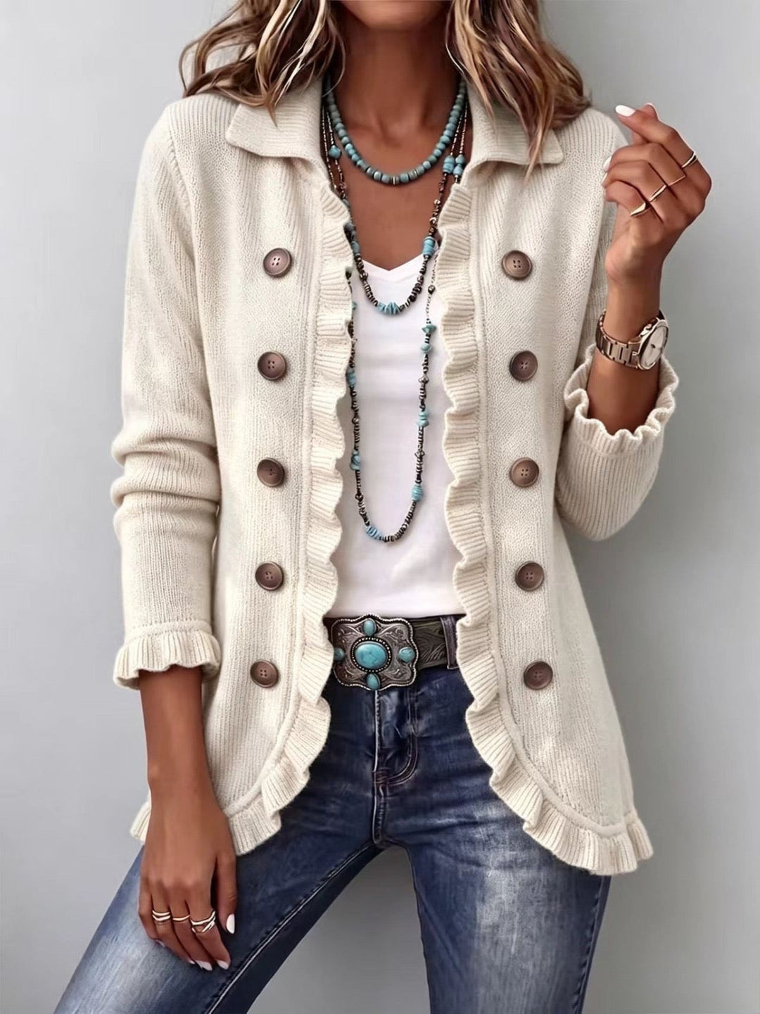 Verolyn ivory ribbed ruffle jacket in ivory