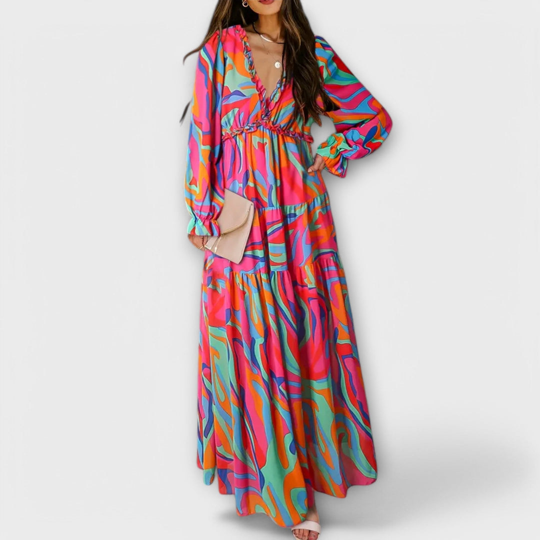 Floral V-Neck Tiered Maxi Dress in Fuchsia — VerolynBoutique