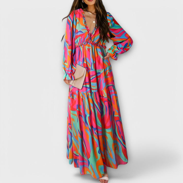 Floral V-Neck Tiered Maxi Dress in Fuchsia — VerolynBoutique