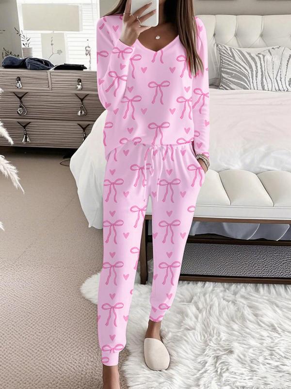 Bow Print V-Neck Lounge Set in Light Pink — VerolynBoutique