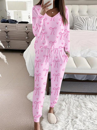 Bow Print V-Neck Lounge Set in Light Pink — VerolynBoutique