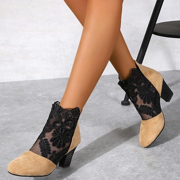 Lace Panel Heeled Ankle Boots in Brown — VerolynBoutique