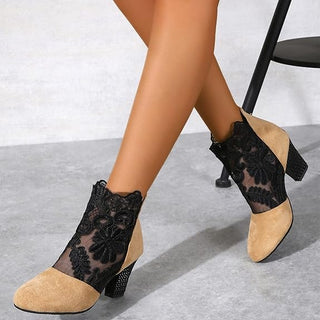 Lace Panel Heeled Ankle Boots in Brown — VerolynBoutique