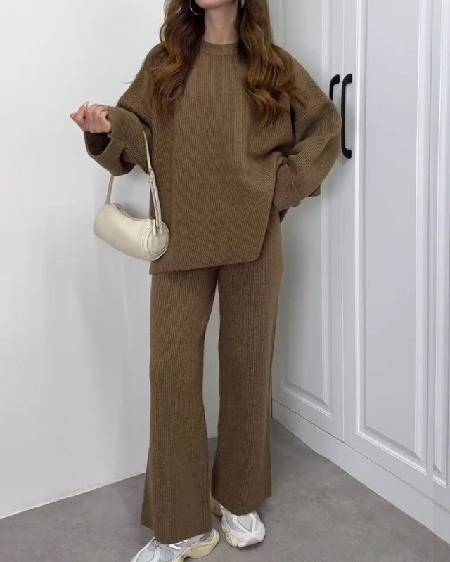 Crew Neck Knit Lounge Set in Khaki — VerolynBoutique