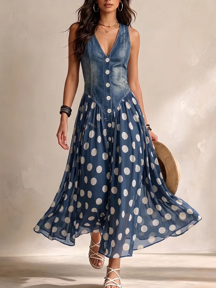 Polka Dot Denim Maxi Dress in Denim Blue — VerolynBoutique