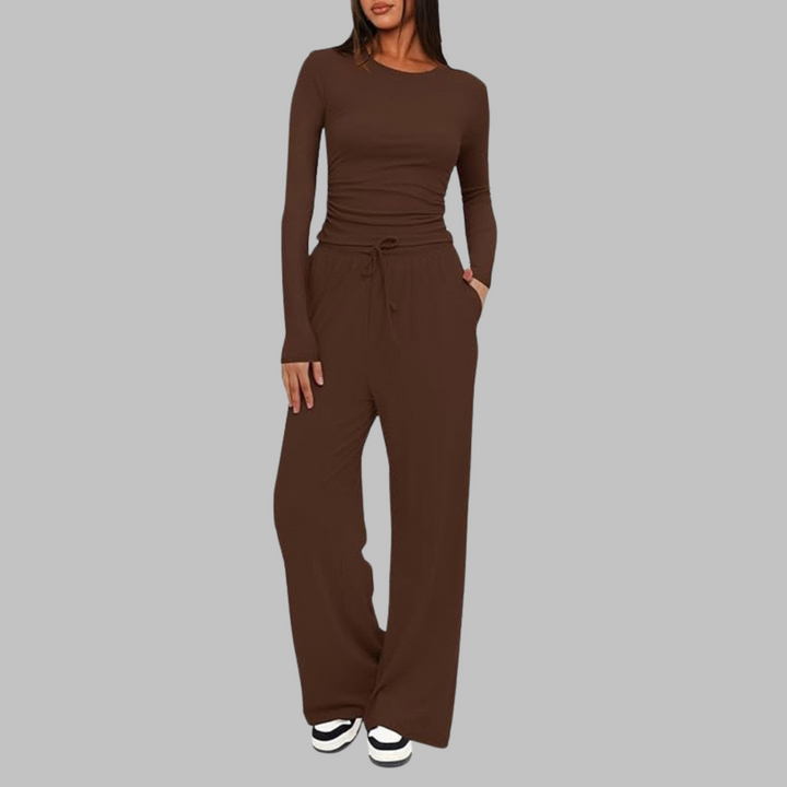 Long Sleeve Wide-Leg Trouser Set in Brown — VerolynBoutique