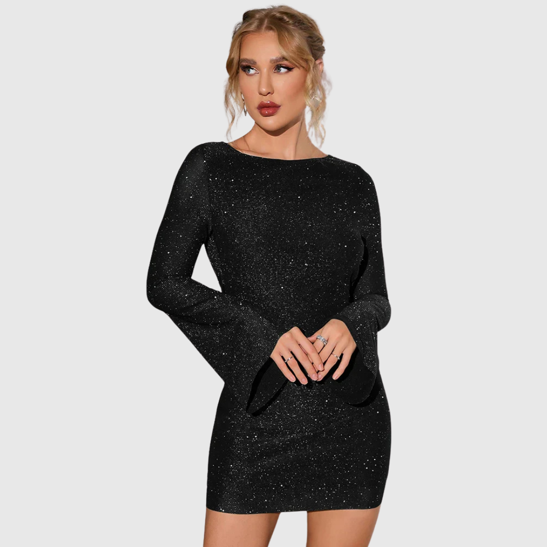 Shimmer Ruched Mini Dress in Black — VerolynBoutique