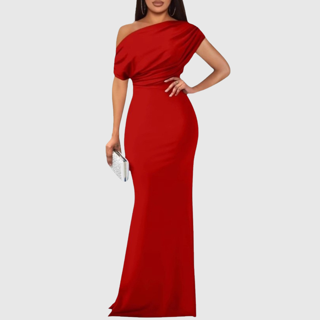 Draped One-Shoulder Formal Gown in Red — VerolynBoutique