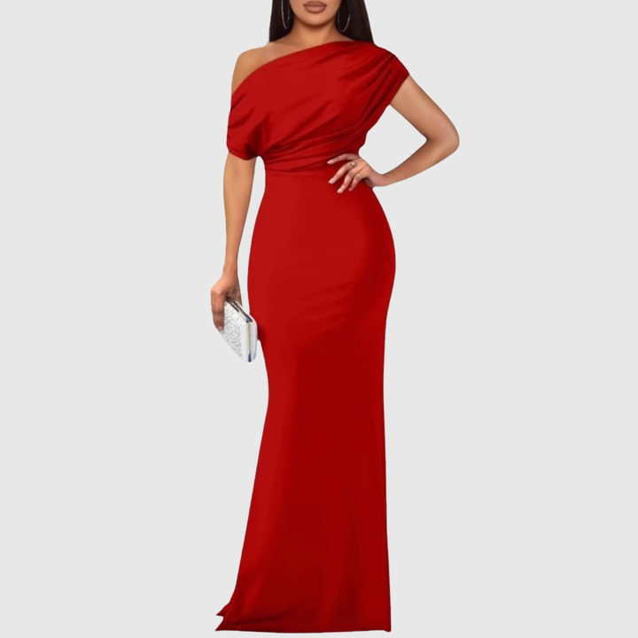 Draped One-Shoulder Formal Gown in Red — VerolynBoutique