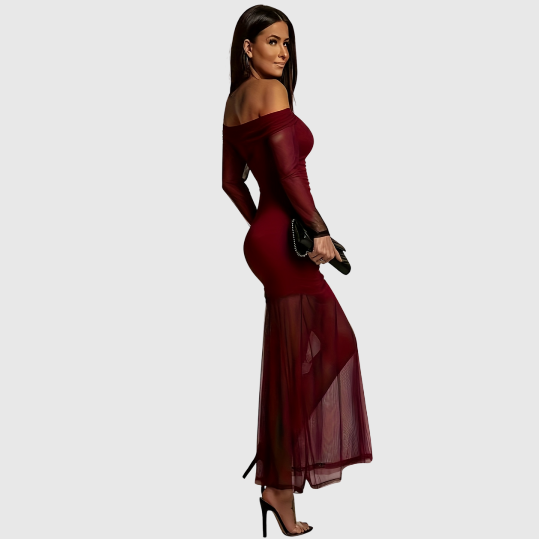 Off-Shoulder Mesh Evening Dress in Coffee Brown — VerolynBoutique
