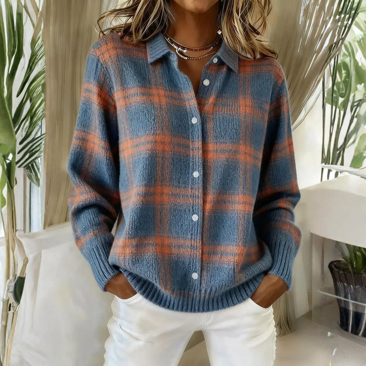 Verolyn Grace plaid knit cardigan in blue