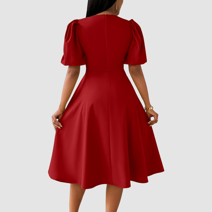 Puff Sleeve Midi Dress in Red — VerolynBoutique