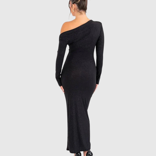 One-Shoulder Glitter Maxi Dress in Black — VerolynBoutique