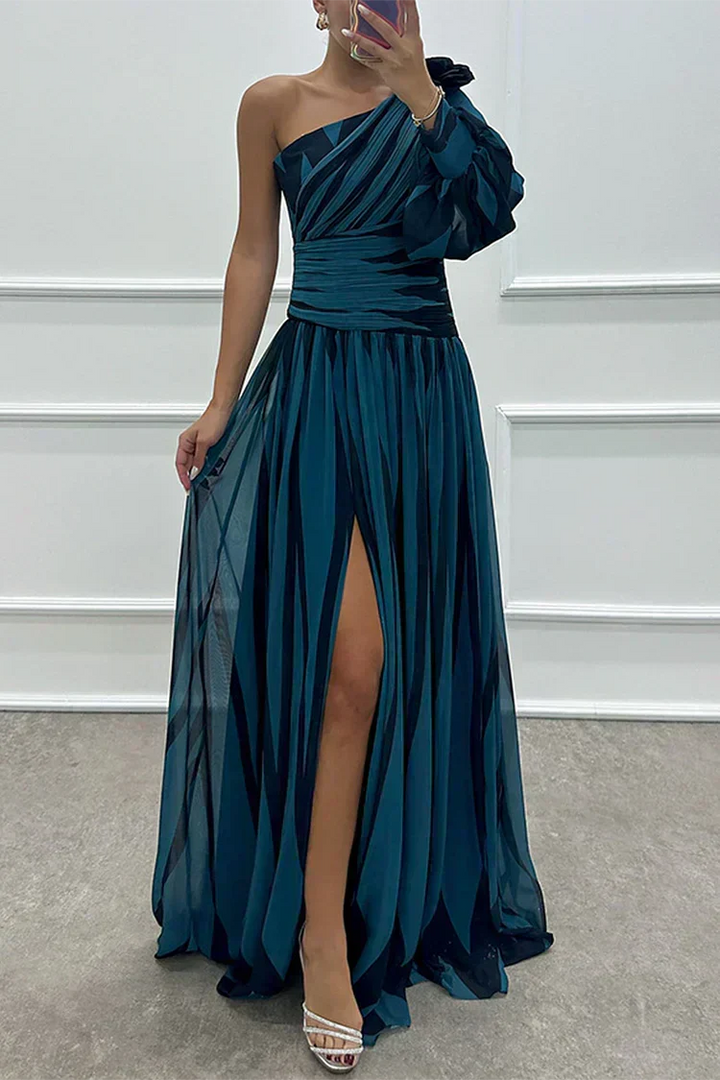Striped One-Shoulder Evening Dress in Navy — VerolynBoutique
