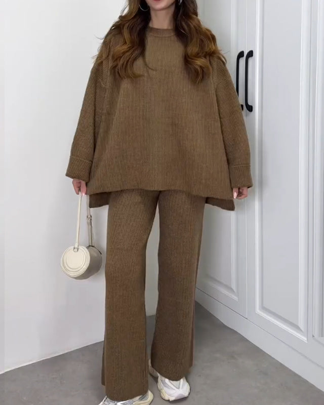 Crew Neck Knit Lounge Set in Khaki — VerolynBoutique