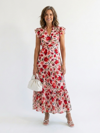 Floral V-Neck Tiered Midi Dress in Red — VerolynBoutique