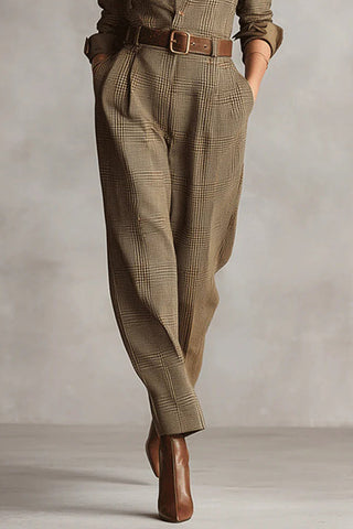 Belted Check Shirt Jumpsuit in Brown — VerolynBoutique