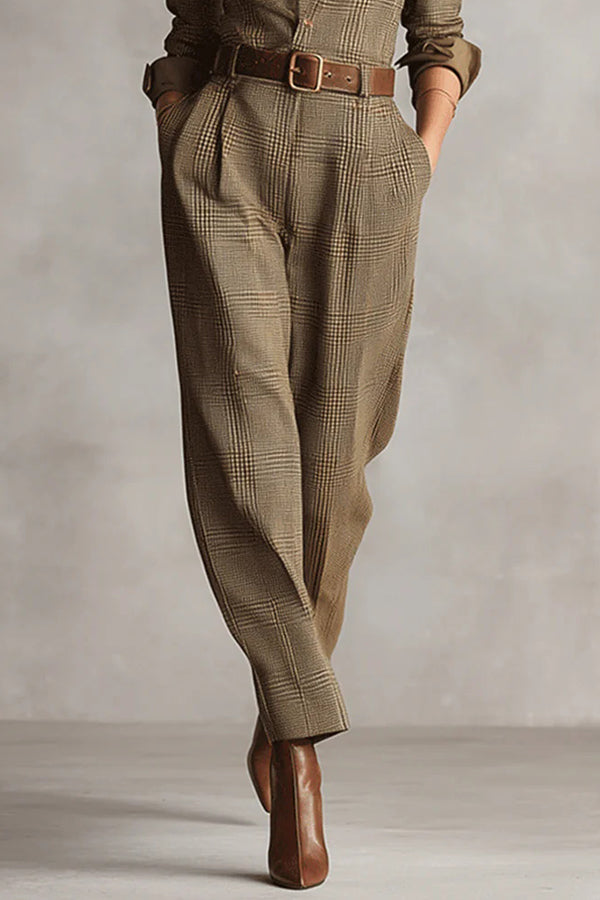 Belted Check Shirt Jumpsuit in Brown — VerolynBoutique