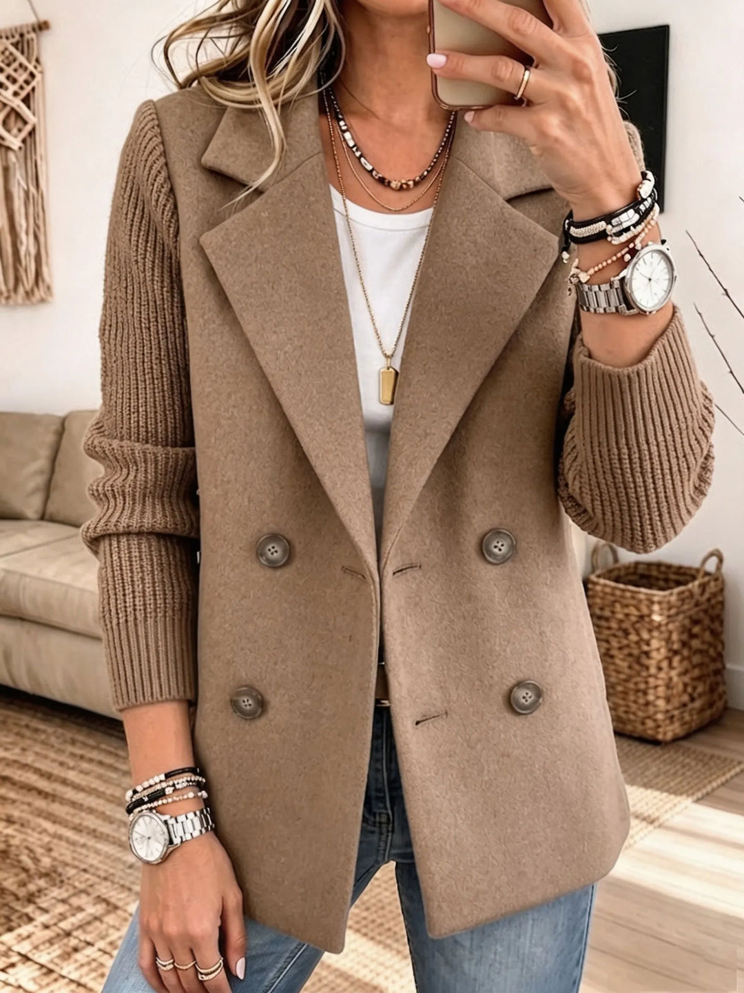 Verolyn peak lapel knit sleeve blazer in khaki